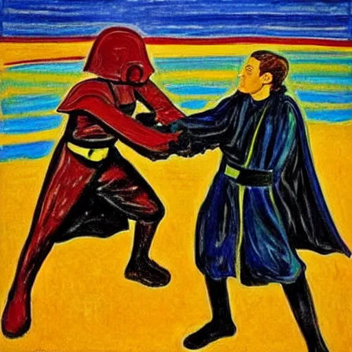 Image similar to jedis fighting on tatooine in the style of edvard munch