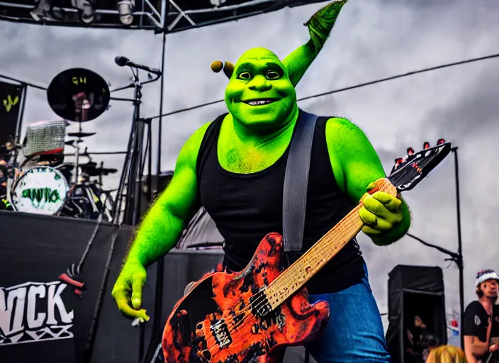 Image similar to photo still of shrek at the vans warped tour 2 0 1 8!!!!!!!! at age 3 6 years old 3 6 years of age!!!!!!!! getting lit in the pit, 8 k, 8 5 mm f 1. 8, studio lighting, rim light, right side key light