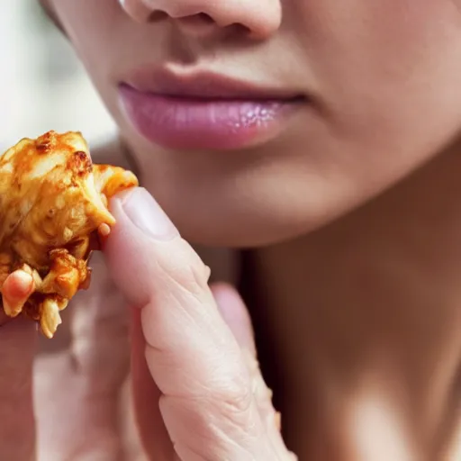 Prompt: A woman eating chicke, close up, realistic, ultra high detail, 8k.