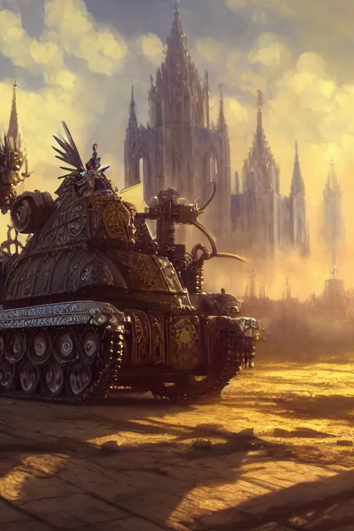 Image similar to a mobile driving ornate cathedral church mounted on a tank with chain drive, warhammer 4 0, scene in an open field. key visual, conceptart, ambient lighting, highly detailed, digital painting, artstation, concept art, sharp focus, by makoto shinkai and akihiko yoshida and kris kuksi