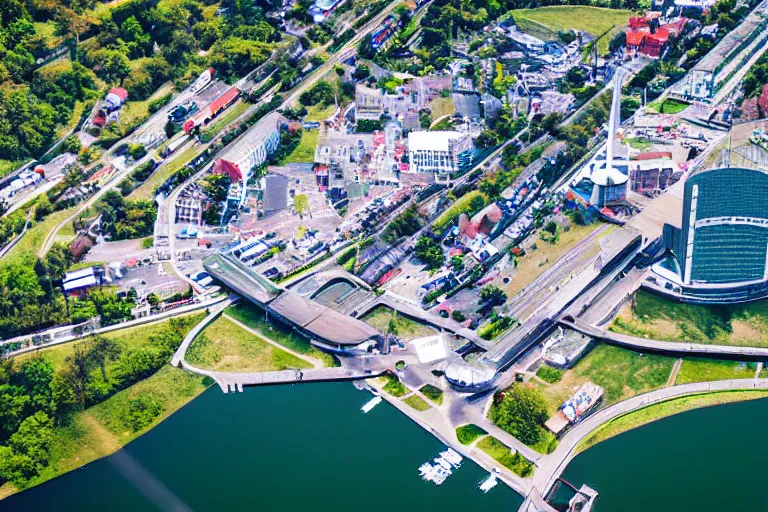 Image similar to bird's eye view photography of a small city. town hall, central farm, monorail station, beach and shipping dock. hills, woods and lake to the north.