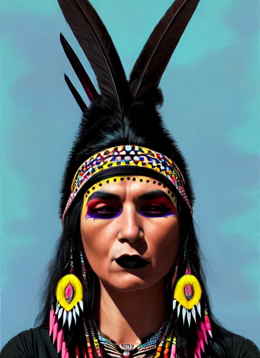 Image similar to portrait of a native american woman with a crooked nose and a confident expression, 1 9 6 0 s, black clothes, goth, punk, brightly coloured hair, funk, intricate, elegant, highly detailed, digital painting, artstation, concept art, smooth, sharp focus, illustration, art by wlop, mars ravelo and greg rutkowski