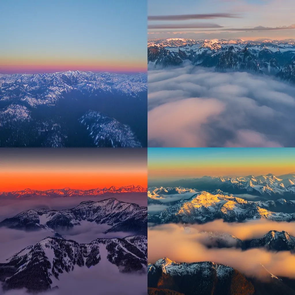 Prompt: flying over a dream version of the Cascade mountain range at dawn