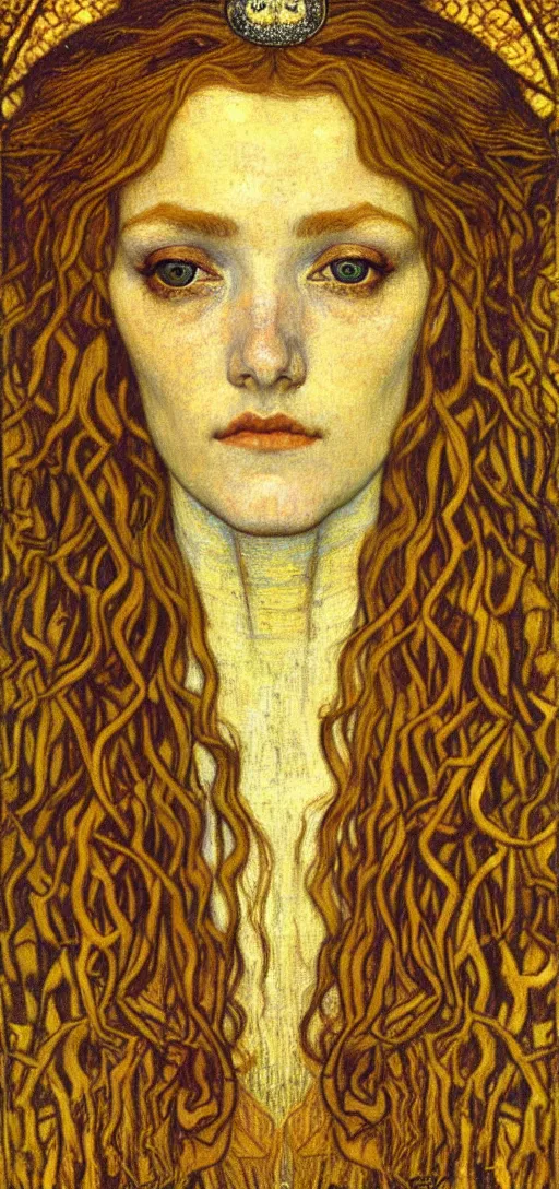 Image similar to detailed realistic beautiful young medieval queen face portrait by jean delville, gustav klimt and vincent van gogh, art nouveau, symbolist, visionary, gothic, pre - raphaelite, muted earthy colors, desaturated