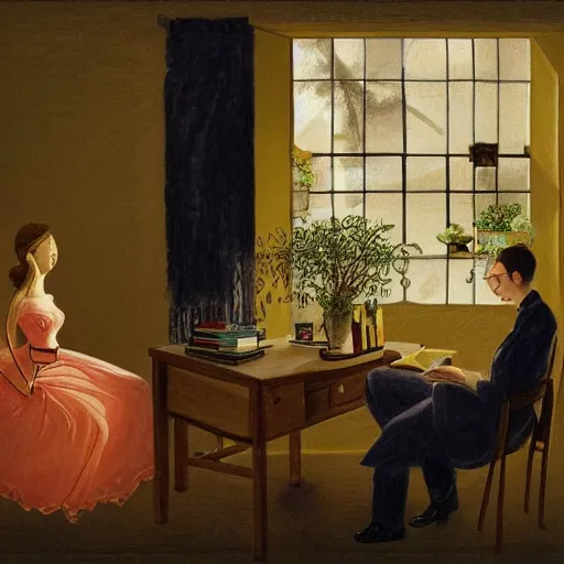 Image similar to A beautiful drawing of a man and a woman sitting in a room. The woman is reading a book while the man is writing at a desk. The light from the window illuminates the room and the couple. The couple is surrounded by a few items in the room, including a globe and a few potted plants. fluorescent orange by Albert Lynch, by Shinji Aramaki, by Quint Buchholz distorted, rigorous
