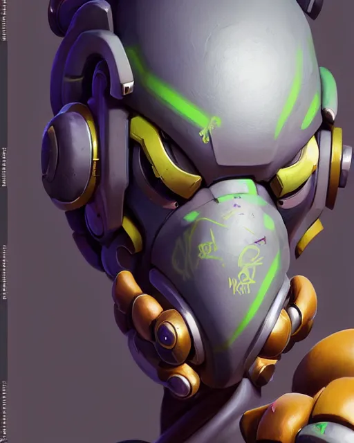 Image similar to 3 d graffiti in the style of orisa from overwatch, portrait, close up, concept art, intricate details, highly detailed by greg rutkowski, michael whelan and gustave dore