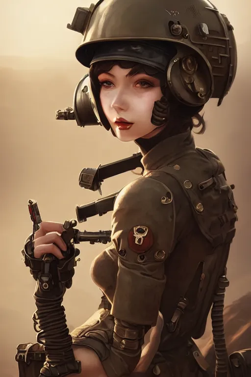 Image similar to dieselpunk soldier girl, helmet, shoulders, chest, portrait, desert, armored, highly detailed, sharp focus, art, illustrations by wlop and ayanamikodon and irakli nadar and loish and rossdraws, frostbite engine