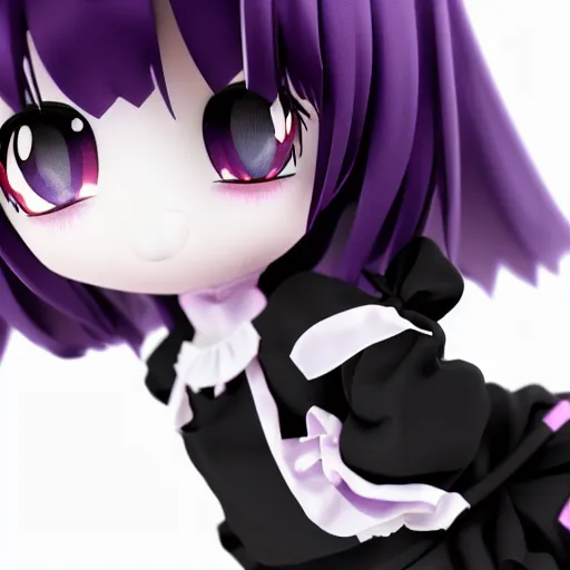 Image similar to cute fumo plush of a gothic maiden in a dark black uniform with purple highlights, laces and ribbons, soft shadow, anime girl, vray, symmetry, white frame