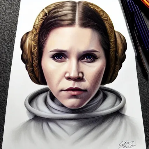 Prompt: hyper realistic drawing of Leia Skywalker, intricate detail, portrait, star wars, the force, space, princess by anna dittmann