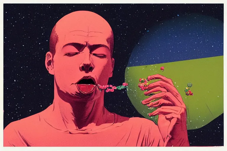 Image similar to a scifi closeup portrait of a young british man licking a blotter paper of LSD acid on his tongue and dreaming psychedelic hallucinations in cosmos, by kawase hasui, moebius, Edward Hopper and James Gilleard, Zdzislaw Beksinski, Steven Outram colorful flat surreal design, hd, 8k, artstation