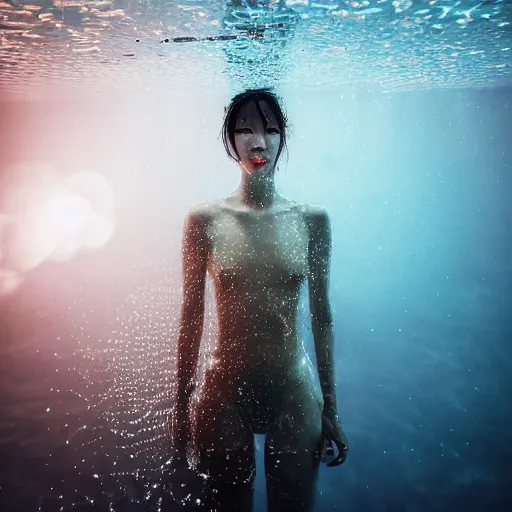 Image similar to beautiful centered fine art photo portrait of hoyeon jung as a solarpunk robotic humanoid treading above water, white mechanical parts with led lights, ultra - detailed and intricate, white background, sun lighting, soft focus, slow exposure hdr 8 k