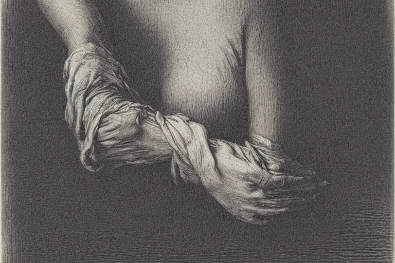 Prompt: woman hand, soft light, Gustave Dore lithography