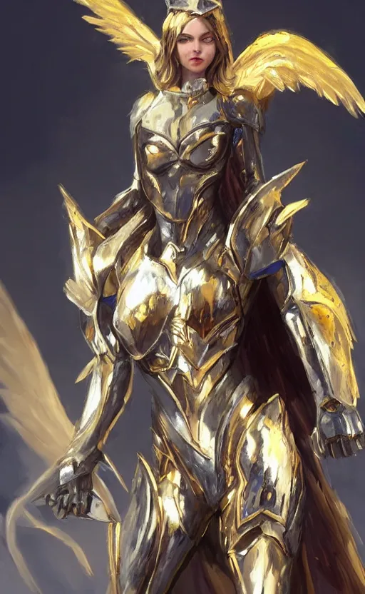 Image similar to Concept art, angel knight girl in golden and silver armor adorned with sapphire gems, artstation trending, cinematic, highly detailded