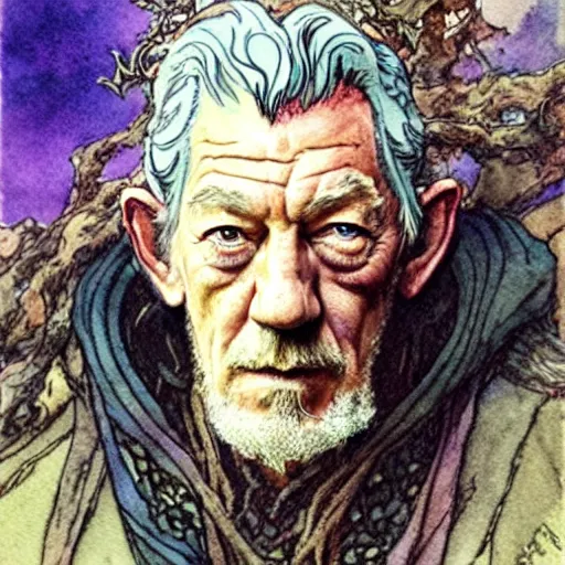 Image similar to a realistic and atmospheric watercolour fantasy character concept art portrait of ian mckellen as a druidic warrior wizard looking at the camera with an intelligent gaze by rebecca guay, michael kaluta, charles vess and jean moebius giraud