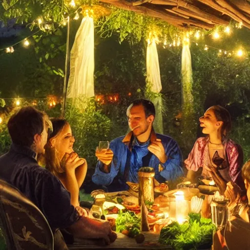 Prompt: a bohemian group of people performing rich dinner at night with candlelight on the veranda among the greenery in summer