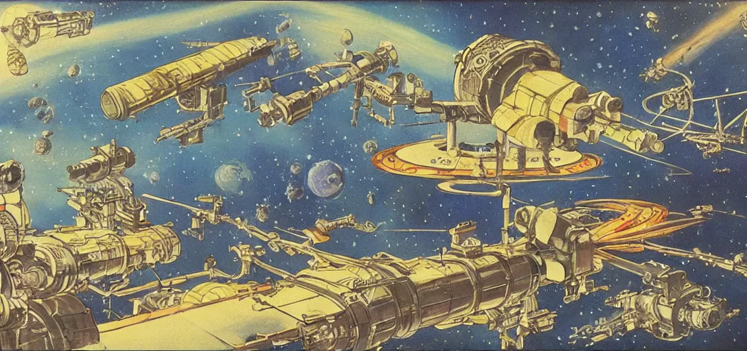 Prompt: Space station made by anthropomorphic rats, painting by Hiroshi Yoshida style