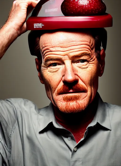 Prompt: bryan cranston with a huge cranberry on his head, cranberry helmet, studio light, bloom, detailed face, magazine, press, photo, steve mccurry, david lazar, canon, nikon, focus