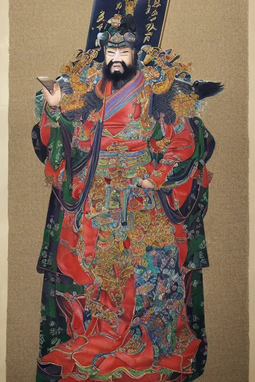 Prompt: A hyper realistic full body portrait of majestic guan yu sits and read a book, defined features, by gu kaizhi, wu daozi, 8k, HD, gigapixel, portrait art, symmetrical composition, realistic proportions, ink and colored pigments on silk, sharpness applied, hyperrealism