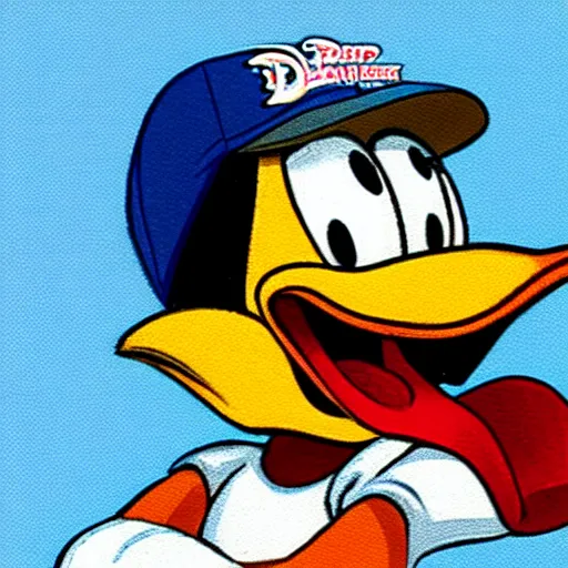 Prompt: Donald Duck wearing a baseball hat