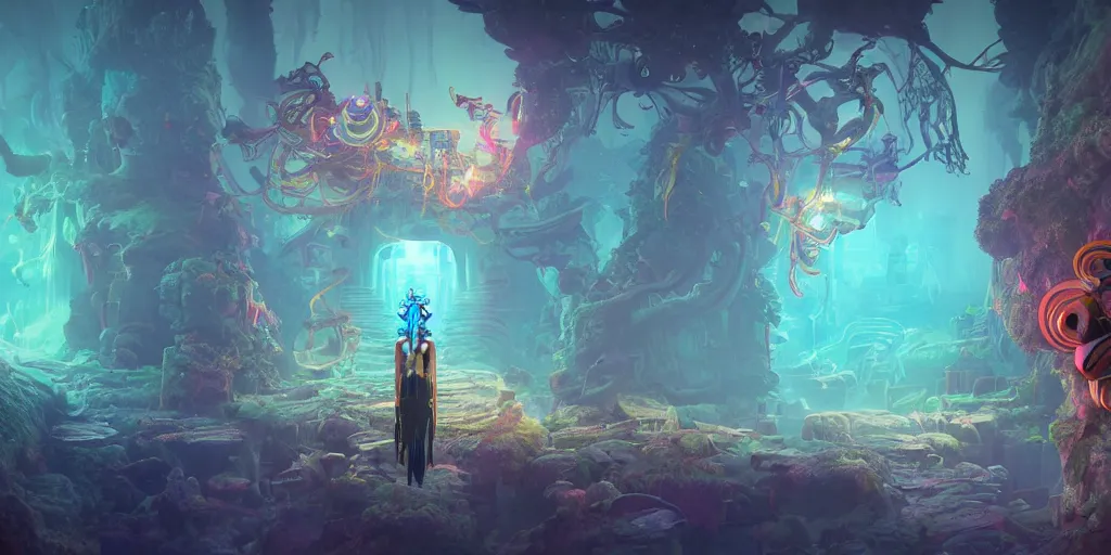 Image similar to 3 d scene of temple portal modelling goddess close - woodsman wearing a steampunk and neonpunk mechanical fluorescent mystical animal mask in strange misty mountain landscape. betta fish, jellyfish phoenix, bio luminescent, plasma, ice, water, wind, creature, artwork by tooth wu and wlop and beeple and greg rutkowski