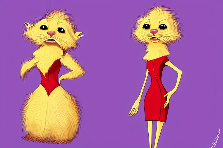 Prompt: lorax movie : detailed illustration : ferret character : wearing a stravagant fur dress : wearing diamonds stiletto : head torso legs : behance