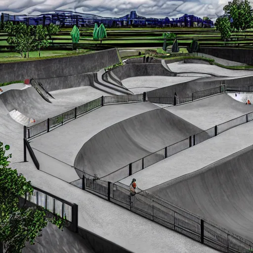 Prompt: large skatepark, complete shot, high detail.