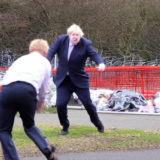 Prompt: boris johnson throwing a tv at a rubbish bin, wide angle, sharp, enhanced, detailed,!! realistic!!