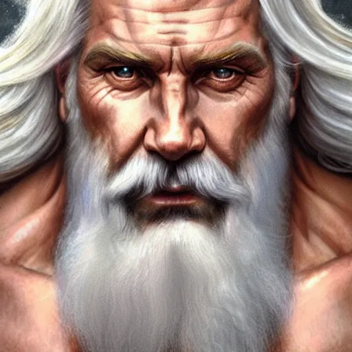 Prompt: half body portrait of rugged zeus, greek god, 4 0 years old, handsome, white hair, soft hair, upper body, muscular, hairy torso, fantasy, intricate, elegant, highly detailed, digital painting, artstation, concept art, smooth, sharp focus, illustration, art by artgerm and greg rutkowski and alphonse mucha