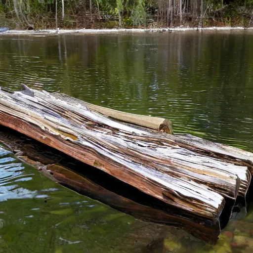 Image similar to primitive wooden dock on a lake coast with primitive rowboats docked at it, bushcraft, made of logs