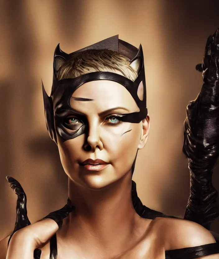 Image similar to portrait of charlize theron as catwoman. photograph. hd, 4 k. intricate artwork. by tooth wu, wlop, beeple, dan mumford. octane render, trending on artstation, greg rutkowski very coherent symmetrical artwork. cinematic, hyper realism, high detail, octane render, 8 k, iridescent accents.