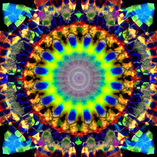 Prompt: A kaleidoscope image that is made up of multiple digital images that have been split into different sections that resemble a single image. Photography.