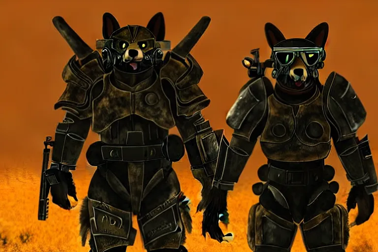 Image similar to a fursona ( from the furry fandom ), heavily armed and armored facing down armageddon in a dark and gritty version from the makers of fallout : war never changes