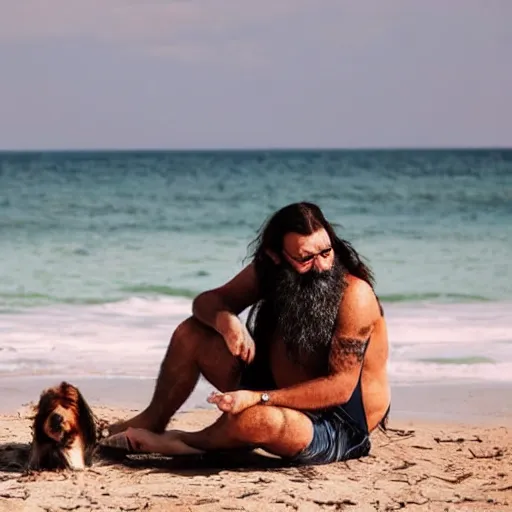 Image similar to bearded italian man with long hair smoking a cigarette on the beach, sitting next to his dog