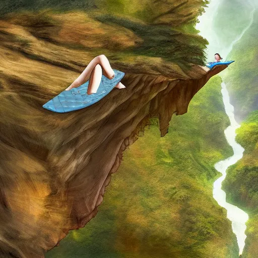 Prompt: a boy on a flying mattress in the clouds looking at natural forested canyons and waterfalls below, mist, mystical, magic, concept art, digital art