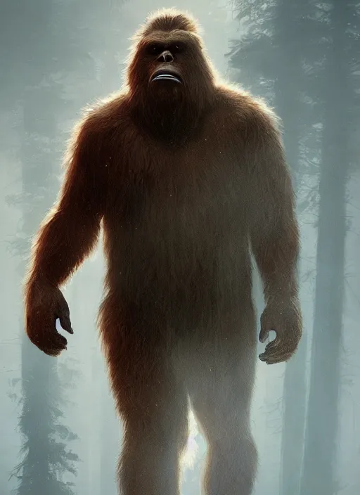 Prompt: highly detailed portrait of bigfoot, unreal engine, cinematic light, warm, fantasy art by greg rutkowski