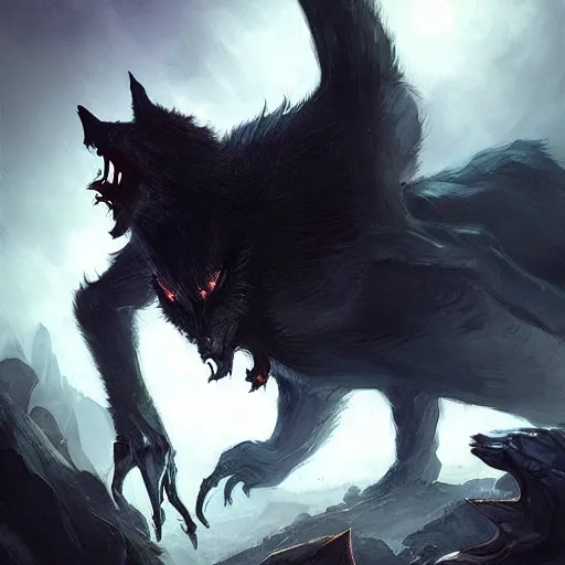Prompt: werewolf vampire hybrid, dark cloak, bats flying in the background, fantasy game art by greg rutkowski, fantasy rpg, league of legends
