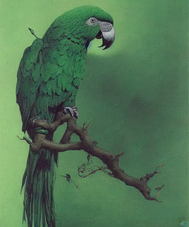 Image similar to beautiful emerald green parrot with red aura and eyes, by zdzisław beksinski, by gustave dore