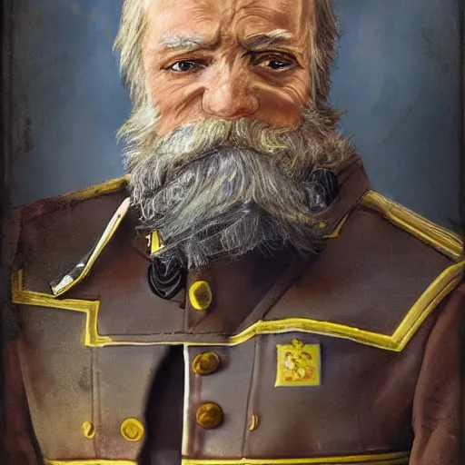 Prompt: a old man in officer suit of russian empire, gray hair and beard, standing near giant yellow dieselpunk ship, colored, photorealistic, high detailed