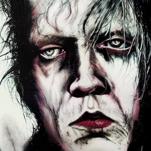 Image similar to stunning portrait of gaunt max von sydow a ( the cure fan ) as dream from sandman, dim stars as eyes, by jeremy mann, by cedric peyravernay, by by russ mills, by richard avedon and ben templesmith, dramatic lightning, sadness, dark eye sockets, in the shadows, punk rock, gothic, high detailed, 8 k