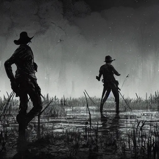 Prompt: hunters from hunt showdown walking across a swamp at night, horror scene, moon light, bayou, silence,