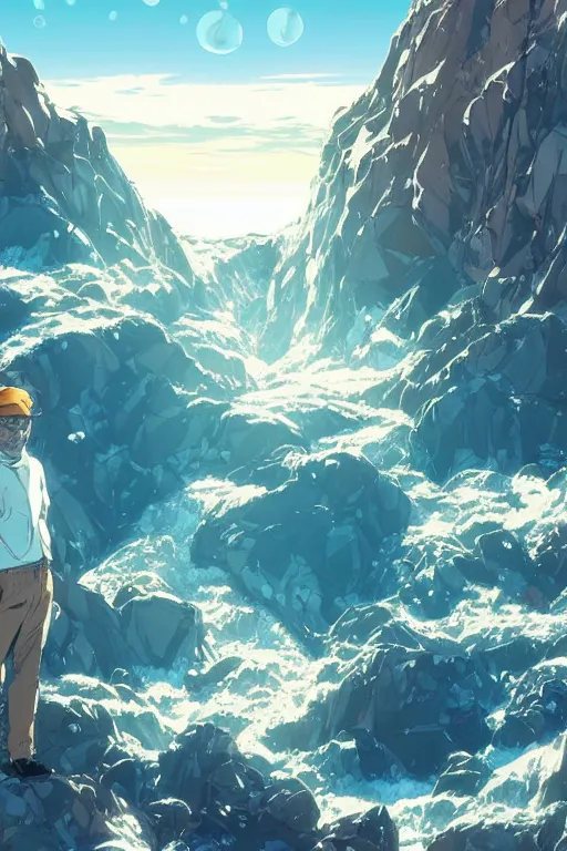 Prompt: walter white enjoying the view of a majestic crystal cliff, high intricate details, rule of thirds, golden ratio, cinematic light, 8 k, octane render, anime style, graphic novel by fiona staples and dustin nguyen, art by beaststars and orange, peter elson, alan bean, studio ghibli, makoto shinkai