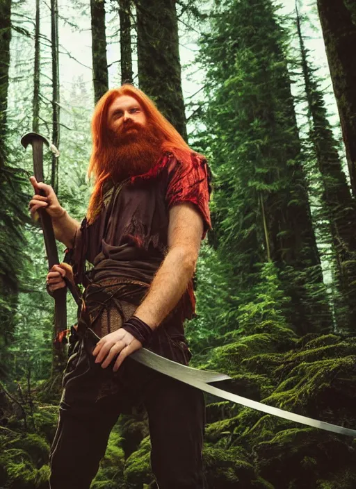 Image similar to 8K, grungy redhead 30-something bearded long haired swordsman holding a short curved sword in a ultradetailed pacific northwest redcedar forest, smooth, sharp focus, illustration. sharp focus, grungy matte painting detailed, intricate, cinematic lighting,