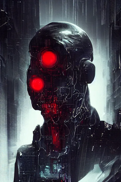 Prompt: head and shoulders render of man black_jacket close up cyberpunk face ((single_eye _glowing_red_eye red_emissives!)) android face mecha, inhuman creepy intimidating, exposed cables-bundle-black-thick Tom Bagshaw and Greg Rutkowski and Alphonse Mucha Bladerunner 2049 screenshot artstation UE5 Cyberpunk 2077 character trending 165mm