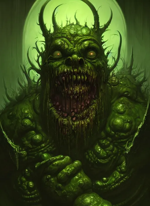 Image similar to portrait of nurgle, smiling, happy, jovial, rotting pools, evil, grim dark, gloomy, mist, warhammer 4 0 k, intricate, elegant, evil green candles, highly detailed, digital painting, artstation, concept art, smooth, sharp focus, illustration, art by wlop, mars ravelo and greg rutkowski