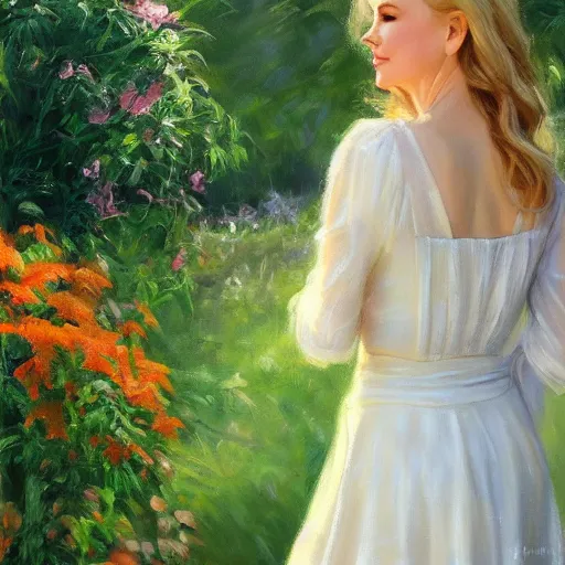 Image similar to closeup portrait of nicole kidman in the garden, evening, highly detailed, ultrarealistic oil painting, vladimir volegov, artstation