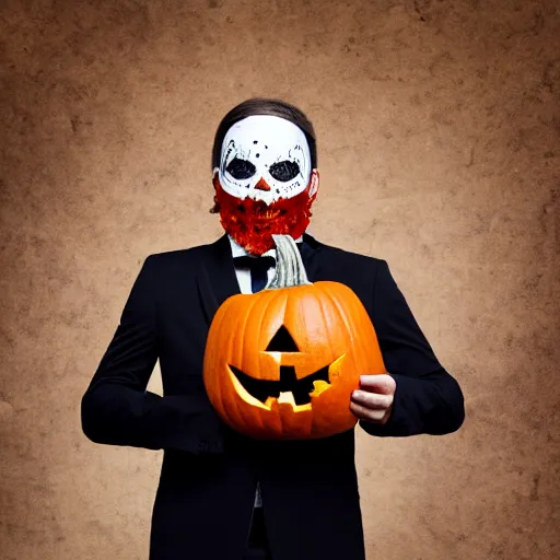 Image similar to man in strict suit with pumpkin mask, Halloween pumpkin, forest background, on plain, bloody knife in right hand, some blood on body, full body, extremely detailed, sharp focus, professional photographer, professional model