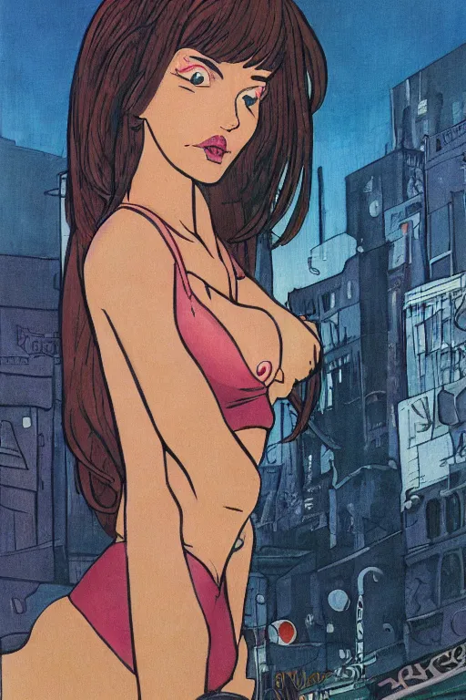 Image similar to portrait of an attractive young female protagonist, center focus, wearing leather jacket, in city street, detailed face, artwork by ralph bakshi