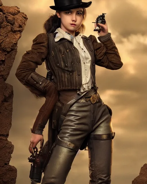 Image similar to Young girl in steampunk clothes, she wears boots and holds a gun, full body shot, sharp focus, photography, very detailed, dark hair, octane render, by greg rutkowski, by nikon, by Iphone, 4k