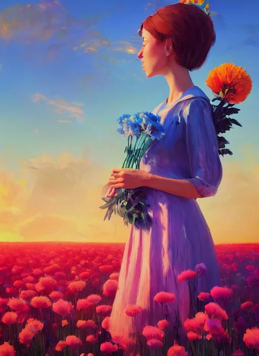 Image similar to portrait of a woman with a giant carnation as a face, flower field, surreal photography, sunset dramatic light, impressionist painting, colorful clouds, blue sky, digital painting, artstation, simon stalenhag