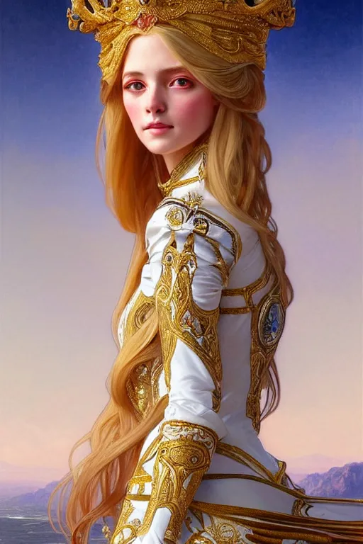 Image similar to portrait of a humanoid princess with long blonde hair, standing next to a beautiful view, ornate white officers outfit with gold embellishments, intricate, elegant, highly detailed, oil painting, illustration, art by artgerm and greg rutkowski and alphonse mucha, 8 k